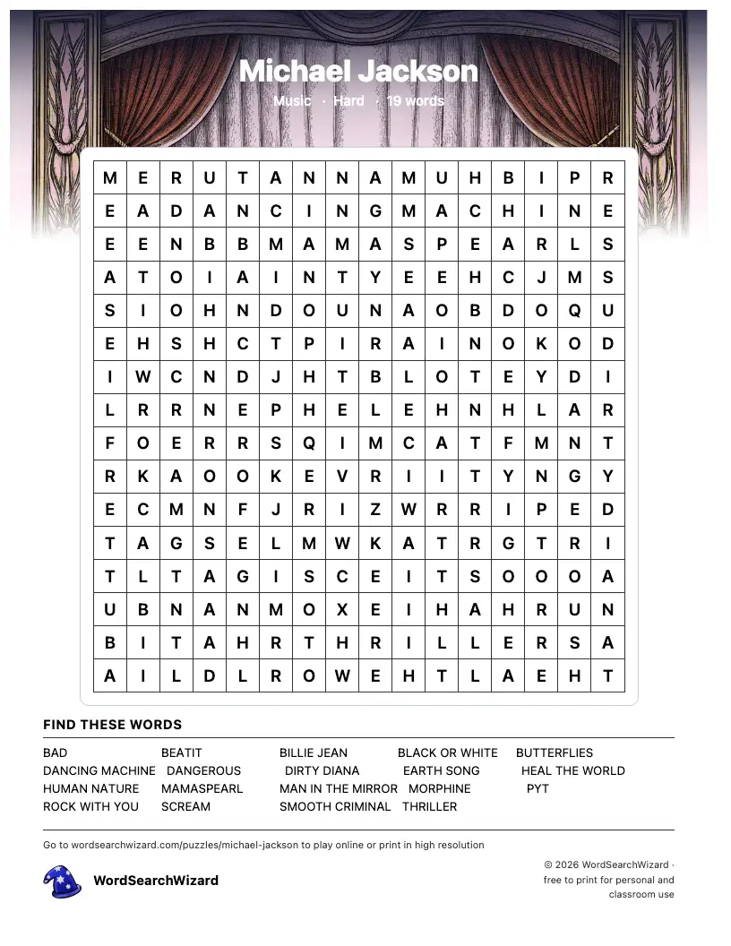 Michael Jackson word search printable sheet, 19 words to find