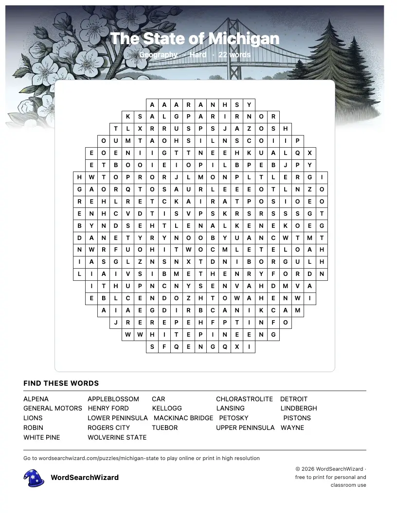 The State of Michigan word search printable sheet, 22 words to find