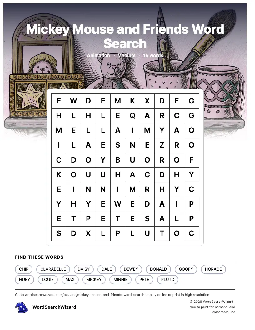 Mickey Mouse and Friends word search printable sheet, 15 words to find