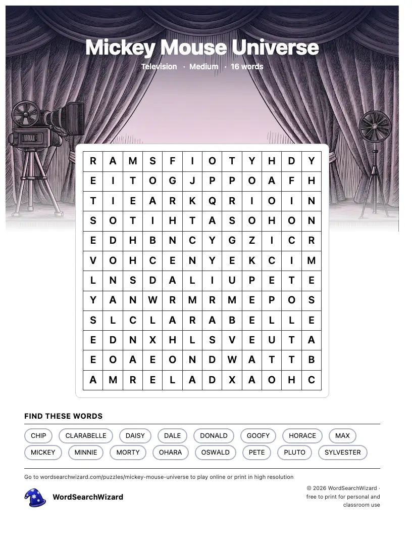 Mickey Mouse Universe word search printable sheet, 16 words to find