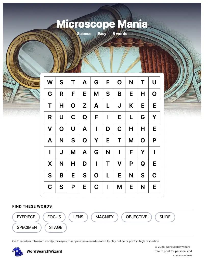 Microscope Mania word search printable sheet, 8 words to find
