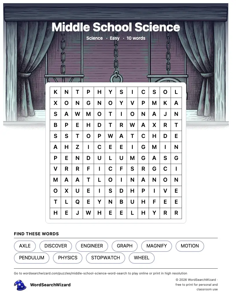 Middle School Science word search printable sheet, 10 words to find