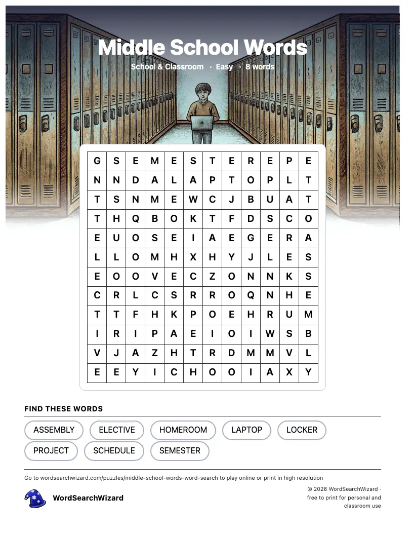 Middle School Words word search printable sheet, 8 words to find