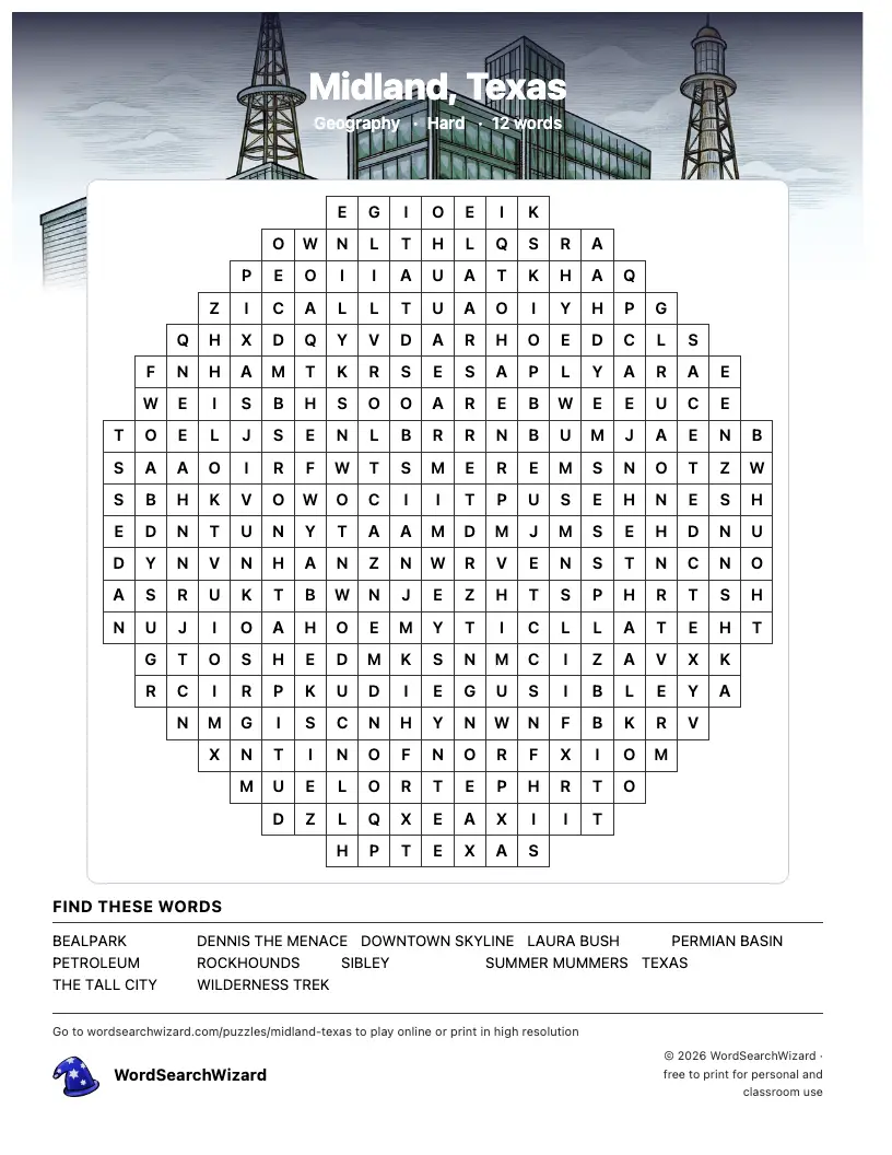 Midland, Texas word search printable sheet, 12 words to find