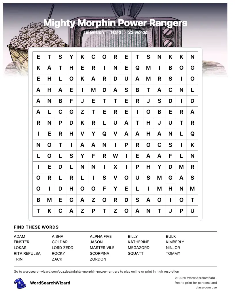 Mighty Morphin Power Rangers word search printable sheet, 23 words to find