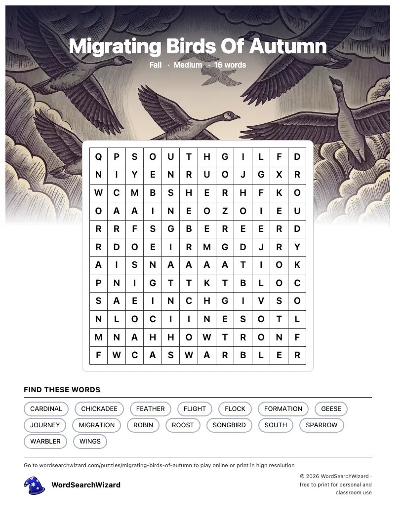 Migrating Birds Of Autumn word search printable sheet, 16 words to find