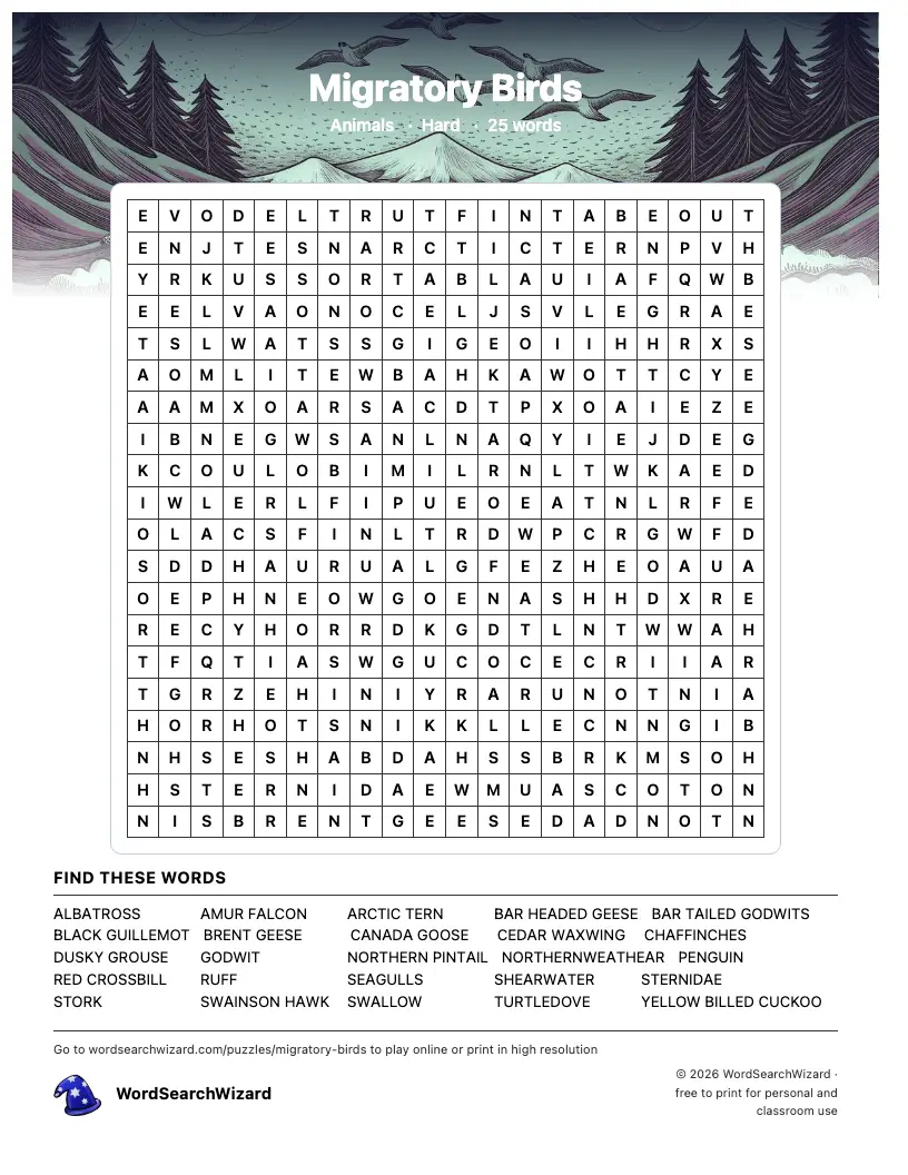 Migratory Birds word search printable sheet, 25 words to find