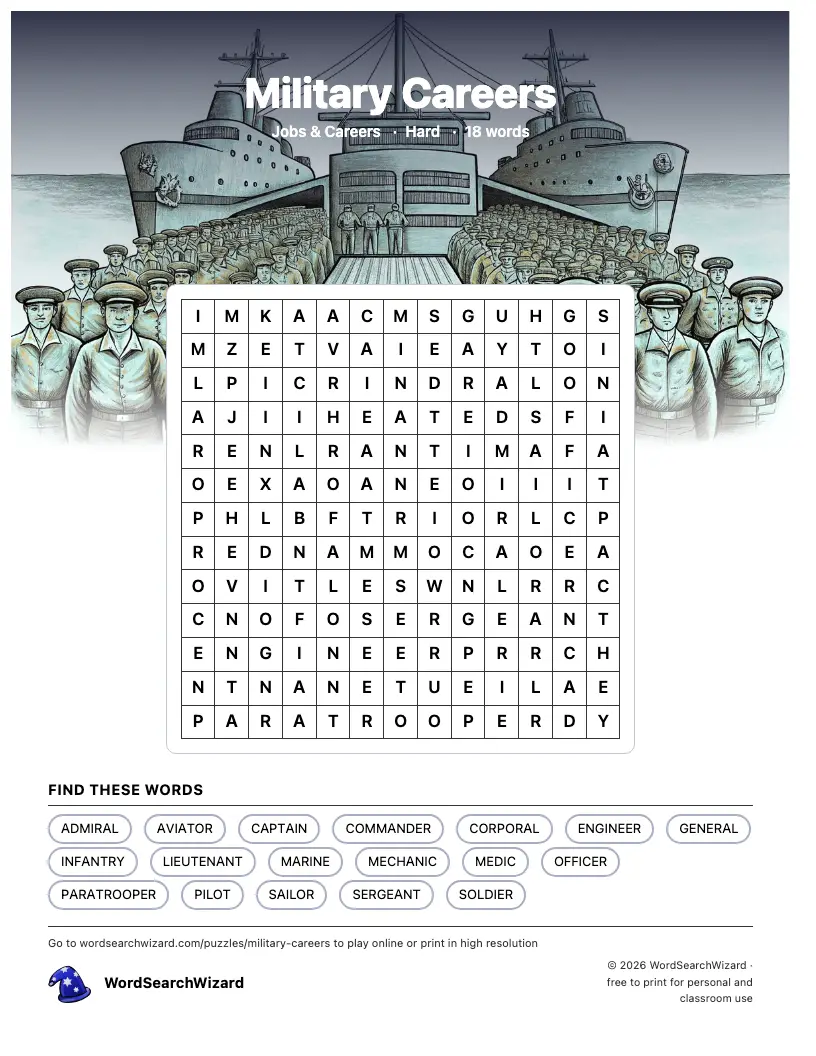 Military Careers word search printable sheet, 18 words to find
