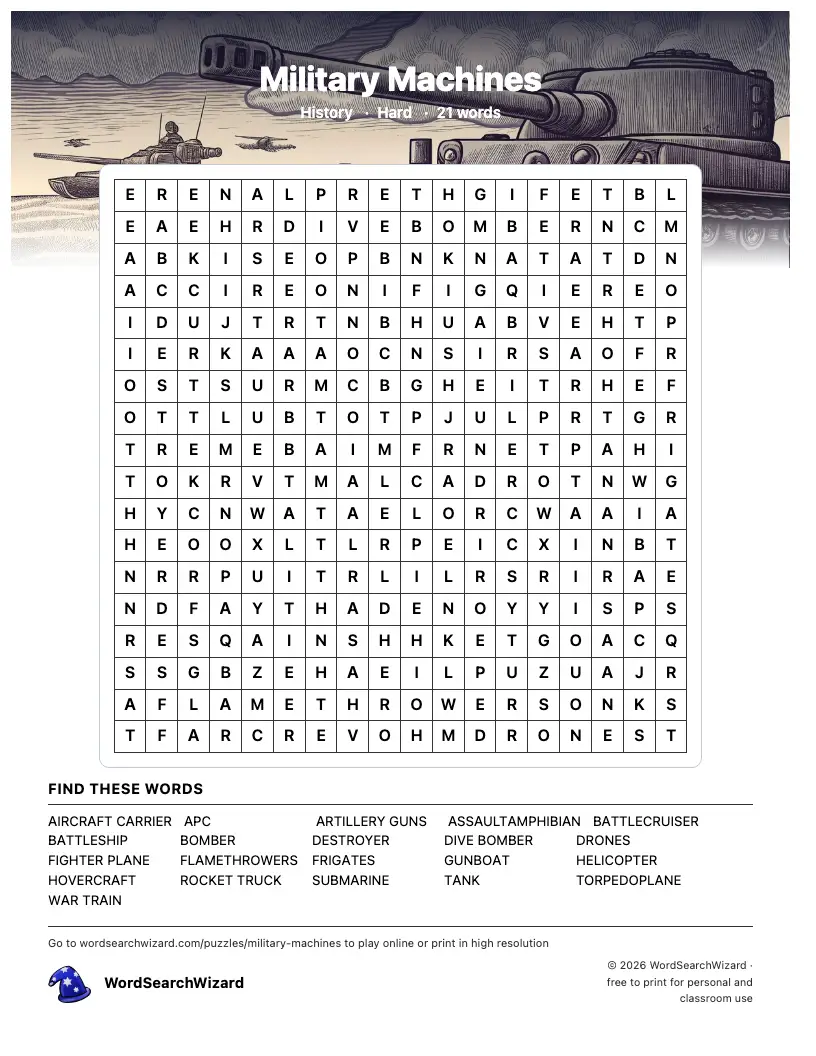 Military Machines word search printable sheet, 21 words to find
