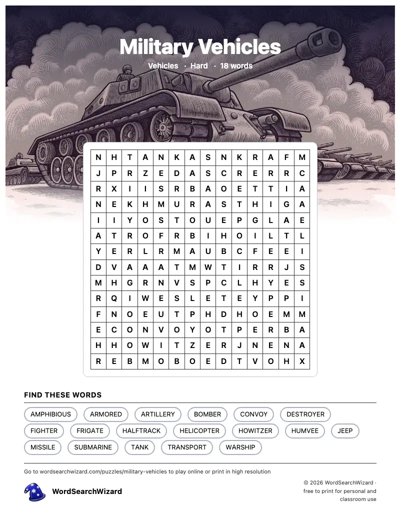 Military Vehicles word search printable sheet, 18 words to find