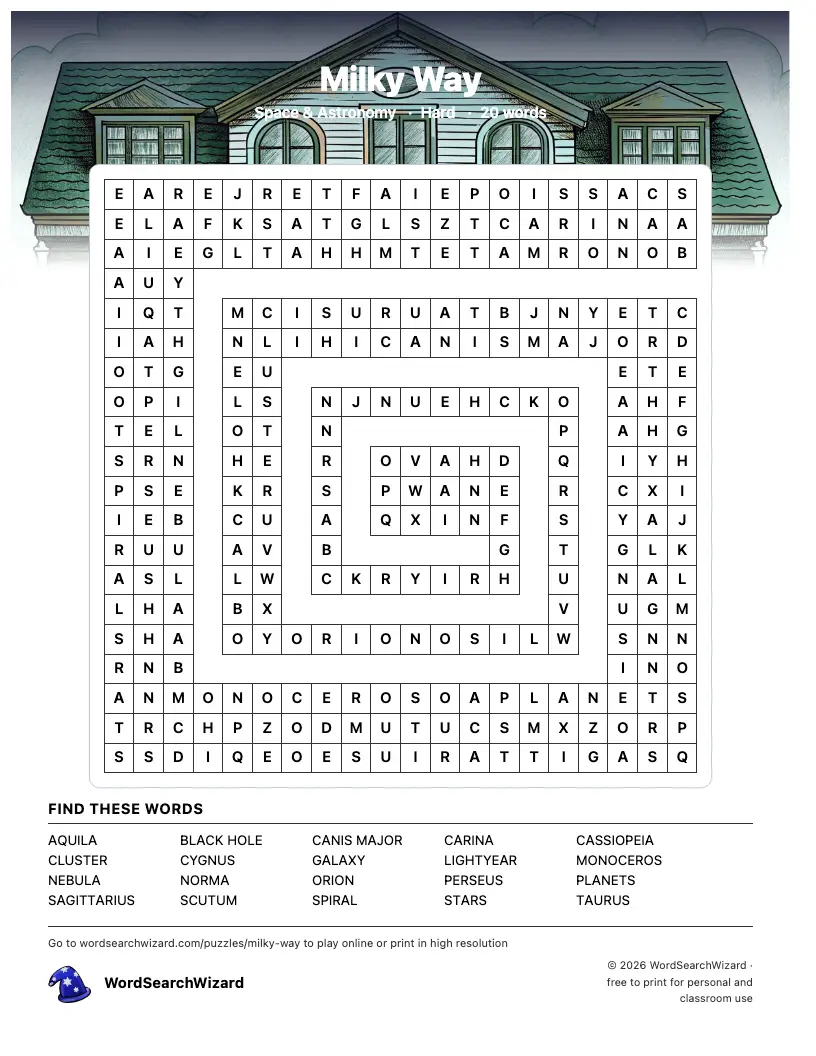 Milky Way word search printable sheet, 20 words to find