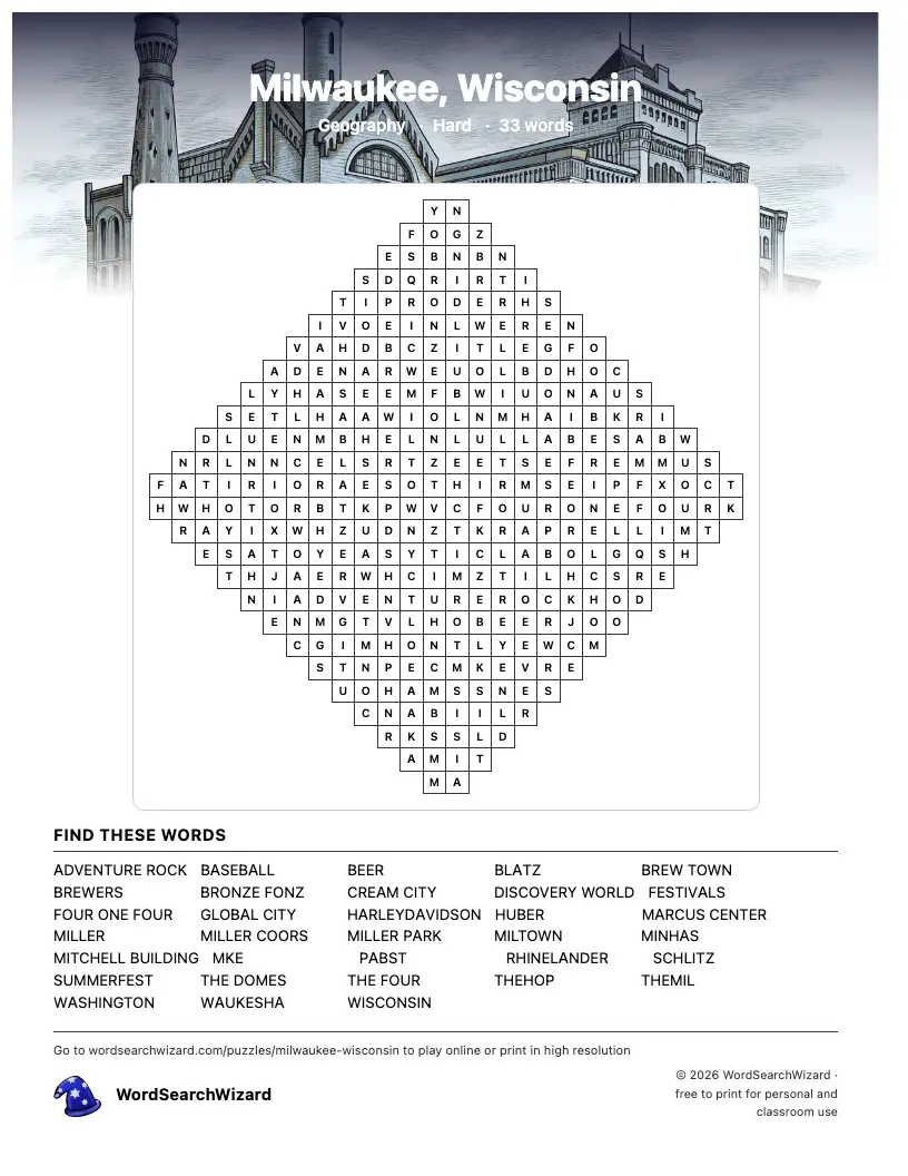 Milwaukee, Wisconsin word search printable sheet, 33 words to find