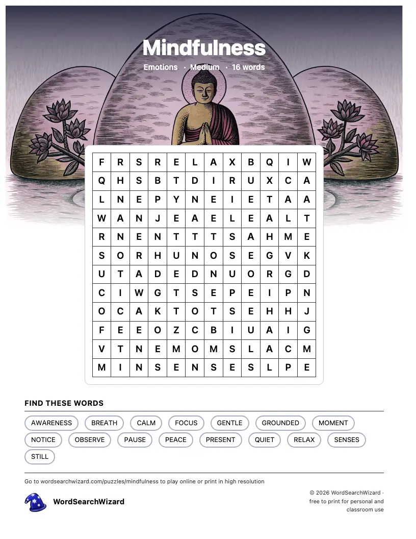 Mindfulness word search printable sheet, 16 words to find