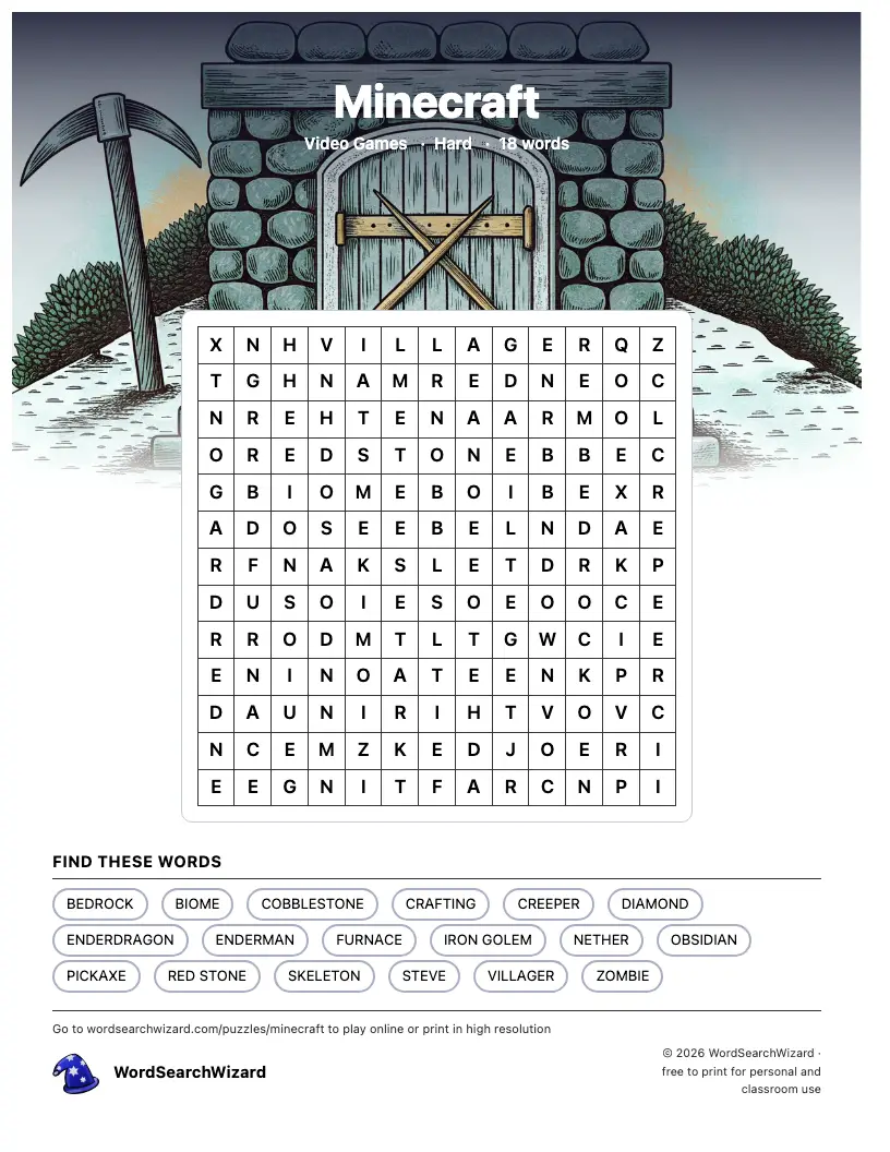 Minecraft word search printable sheet, 18 words to find