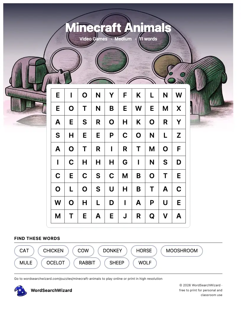 Minecraft Animals word search printable sheet, 11 words to find