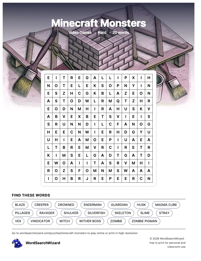 Minecraft Monsters word search printable sheet, 20 words to find