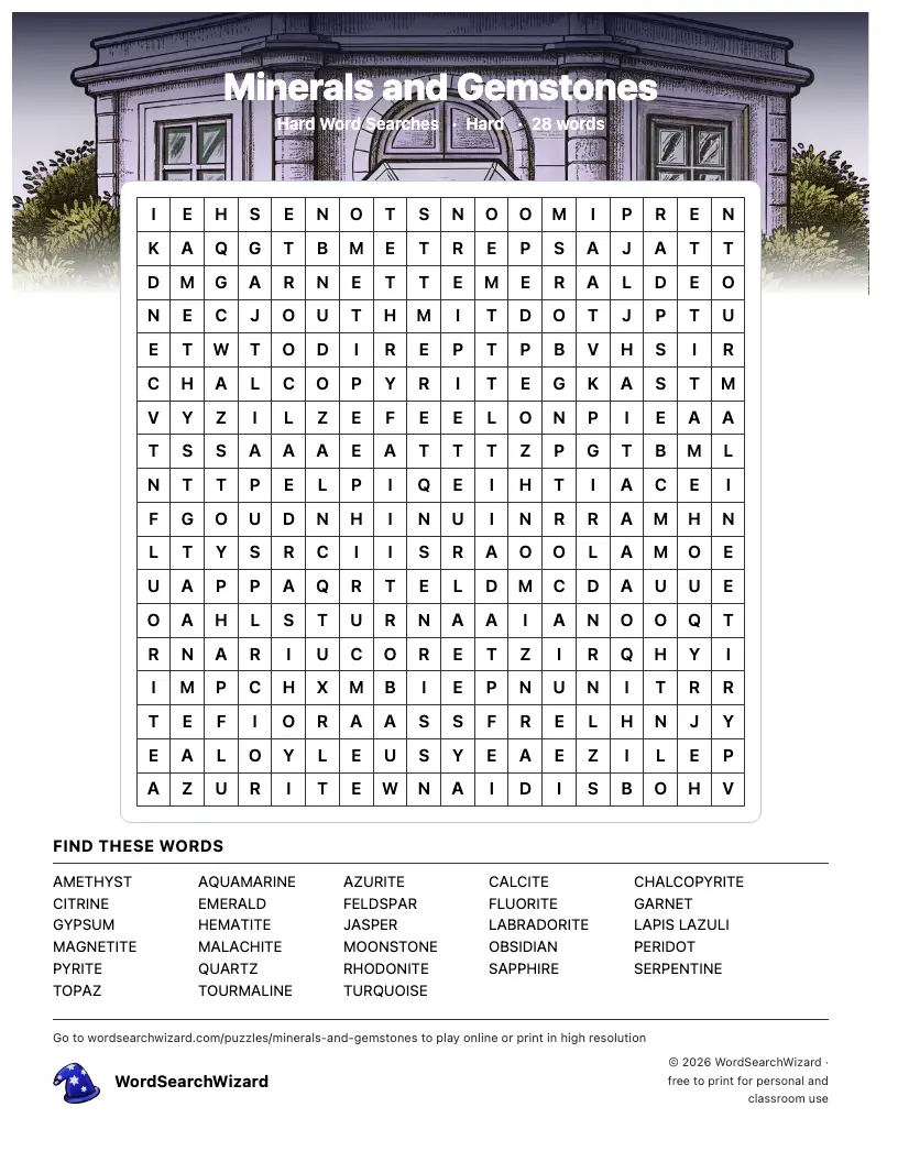 Minerals and Gemstones word search printable sheet, 28 words to find