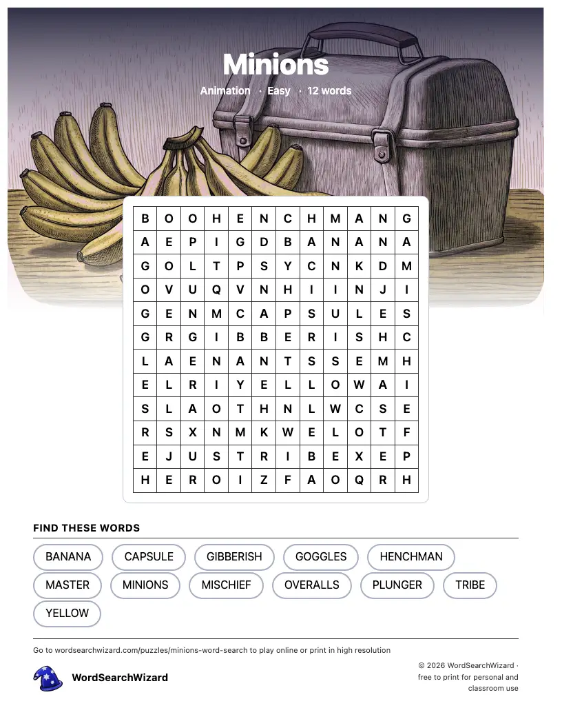Minions word search printable sheet, 12 words to find