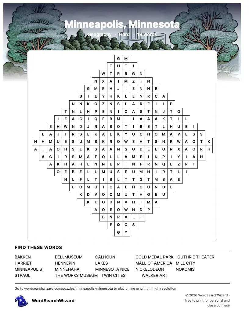Minneapolis, Minnesota word search printable sheet, 19 words to find