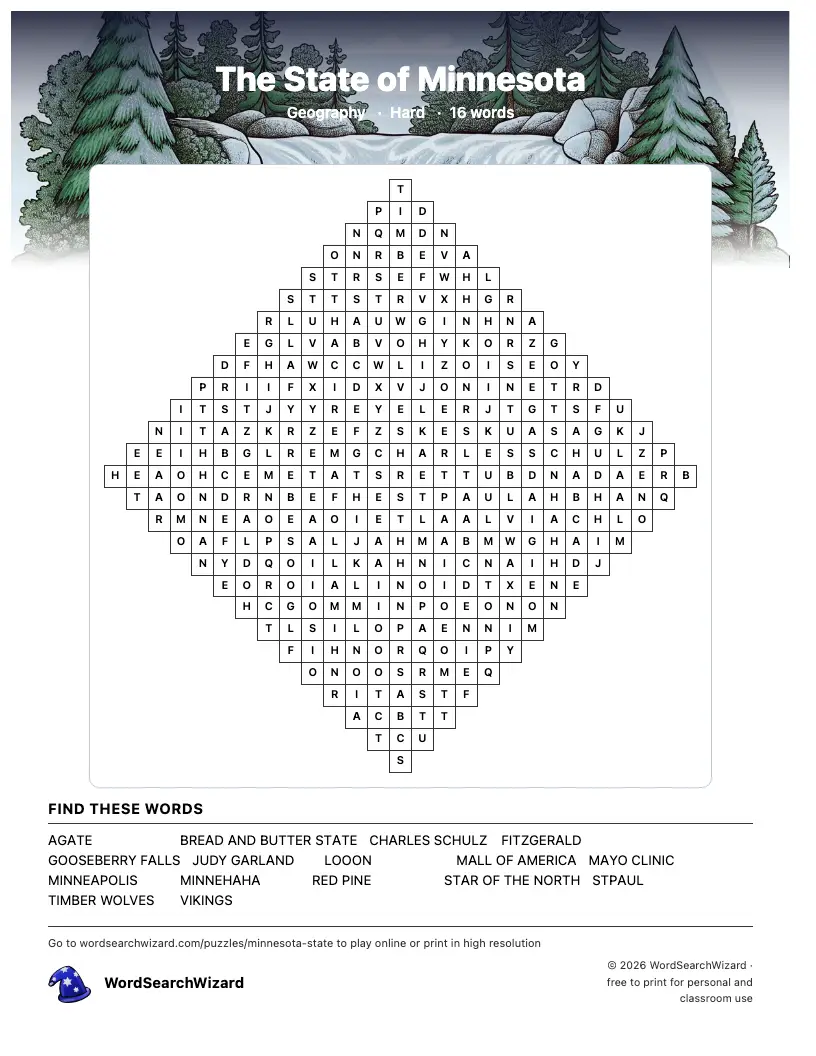 The State of Minnesota word search printable sheet, 16 words to find