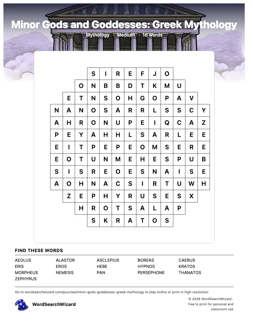 Minor Gods and Goddesses: Greek Mythology word search printable sheet, 16 words to find