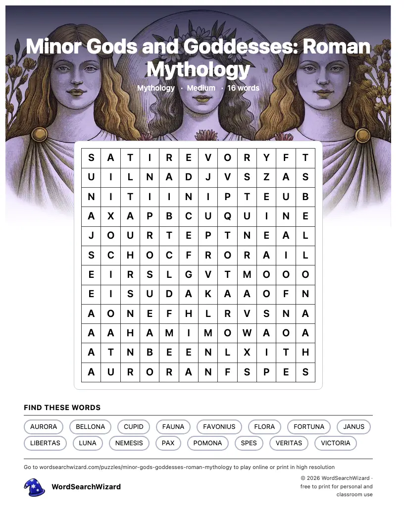 Minor Gods and Goddesses: Roman Mythology word search printable sheet, 16 words to find