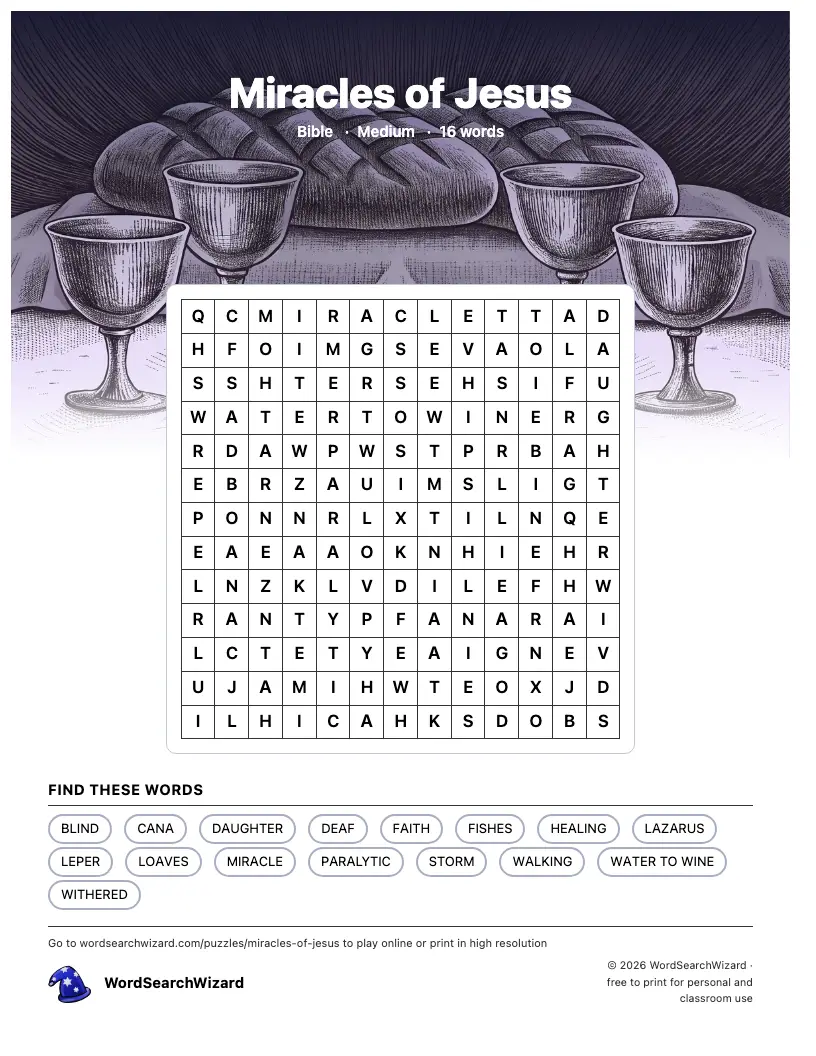 Miracles of Jesus word search printable sheet, 16 words to find