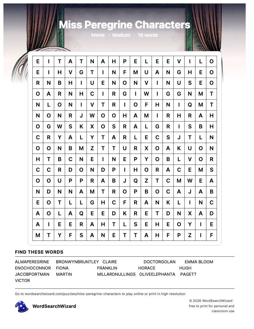 Miss Peregrine Characters word search printable sheet, 16 words to find