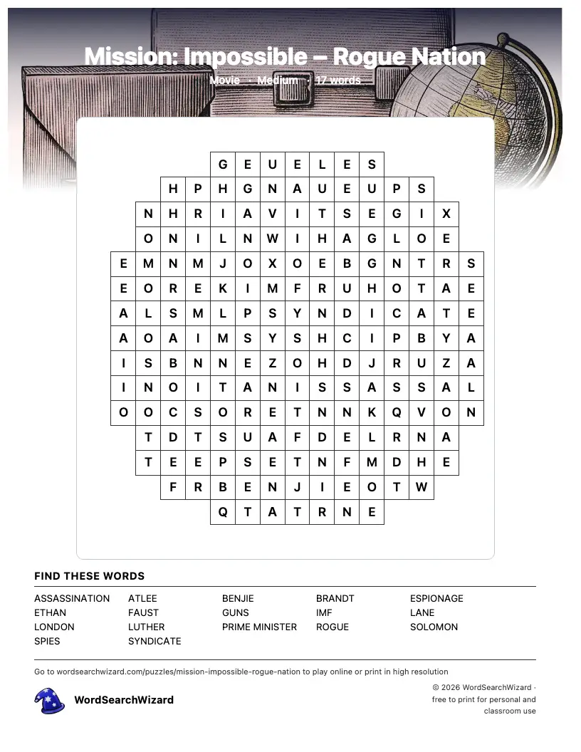 Mission: Impossible – Rogue Nation word search printable sheet, 17 words to find