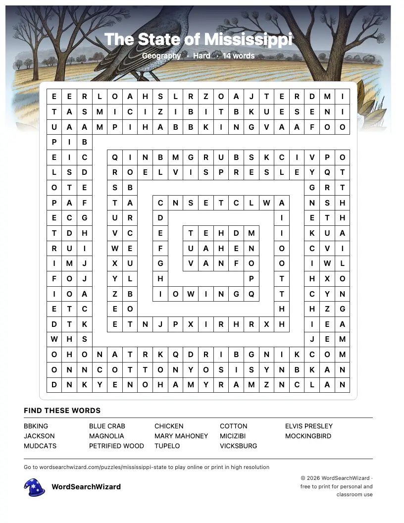 The State of Mississippi word search printable sheet, 14 words to find