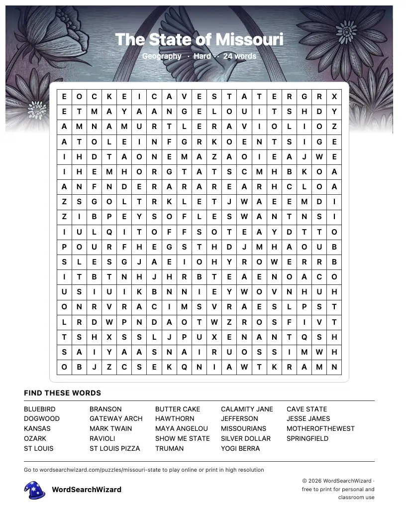 The State of Missouri word search printable sheet, 24 words to find
