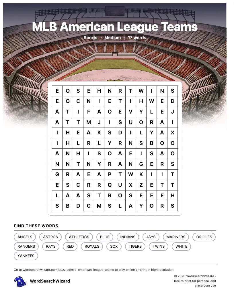 MLB American League Teams word search printable sheet, 17 words to find