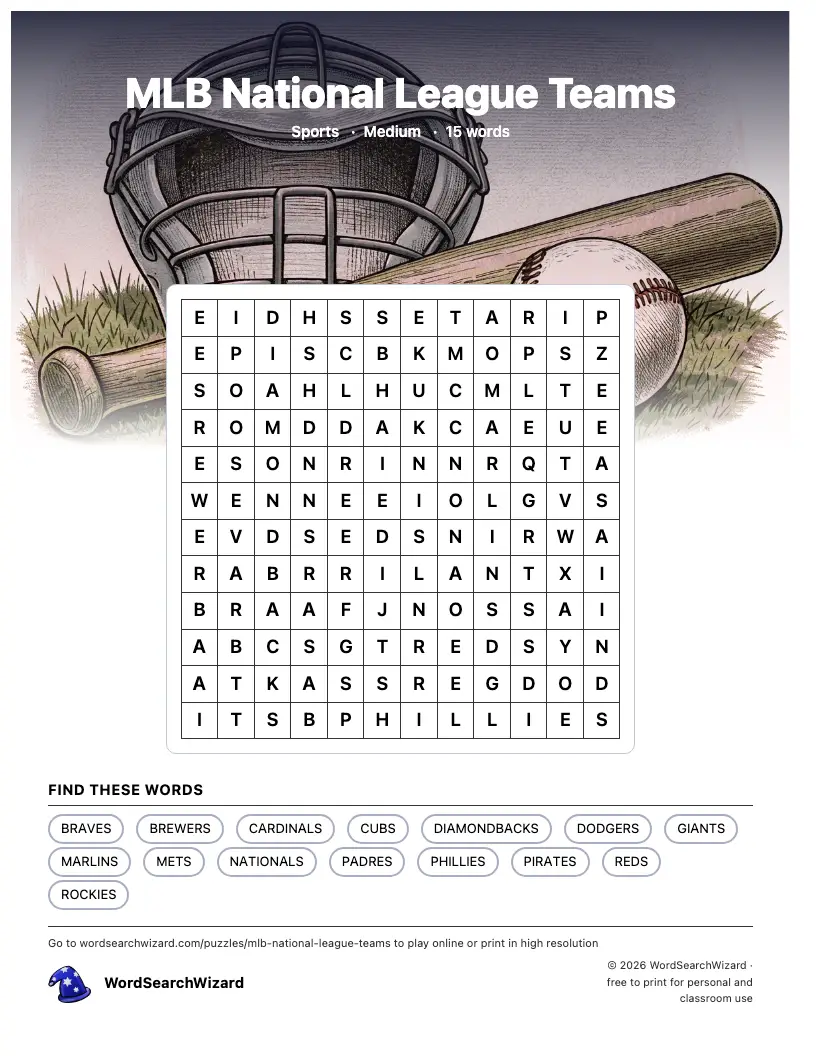 MLB National League Teams word search printable sheet, 15 words to find