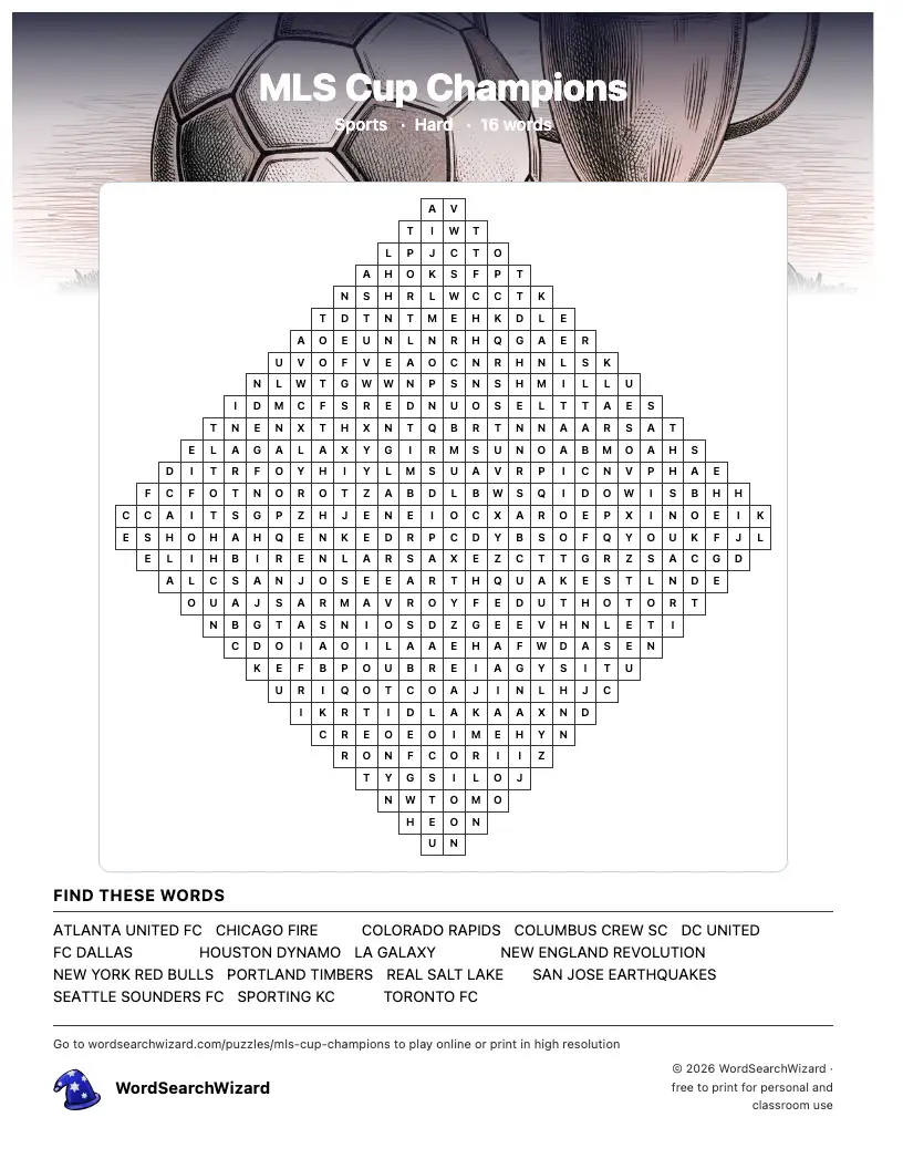 MLS Cup Champions word search printable sheet, 16 words to find