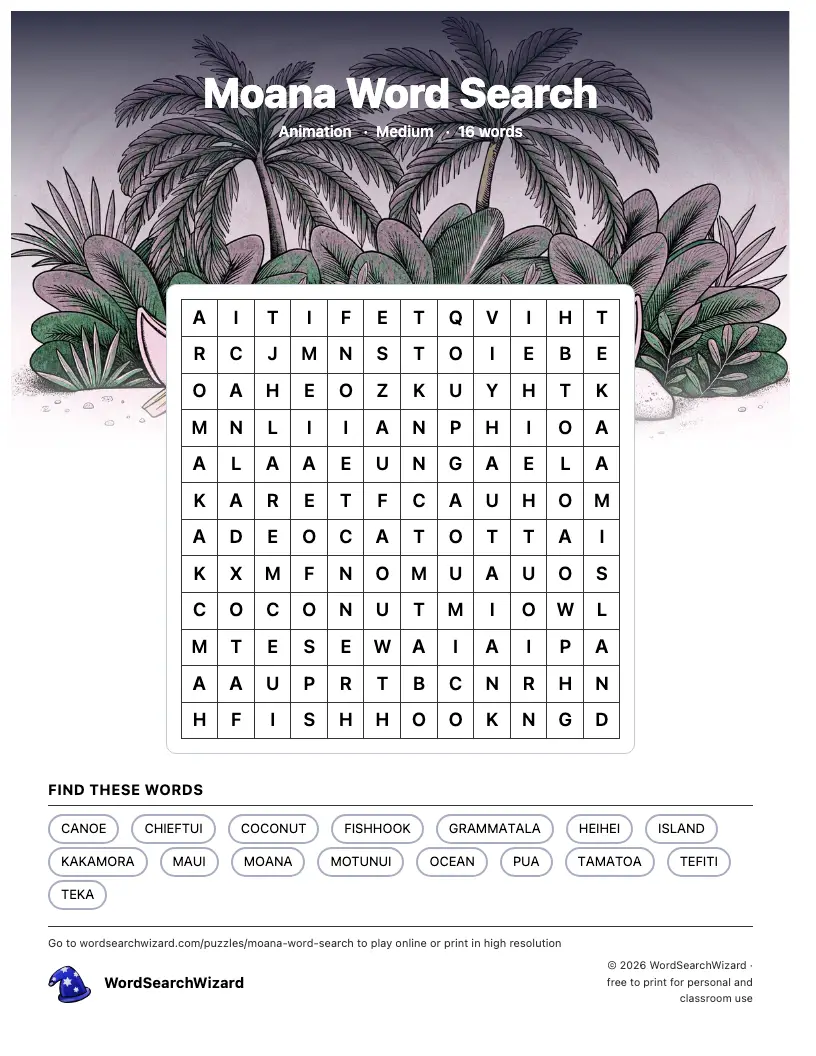 Moana word search printable sheet, 16 words to find