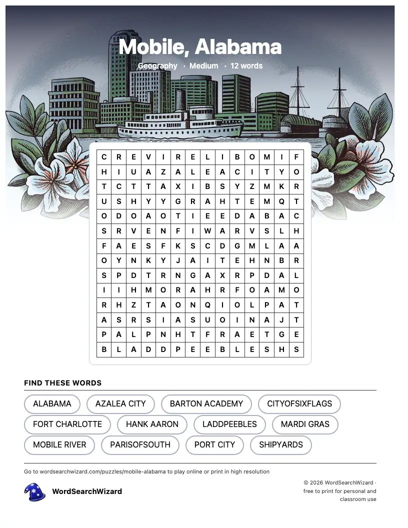 Mobile, Alabama word search printable sheet, 12 words to find