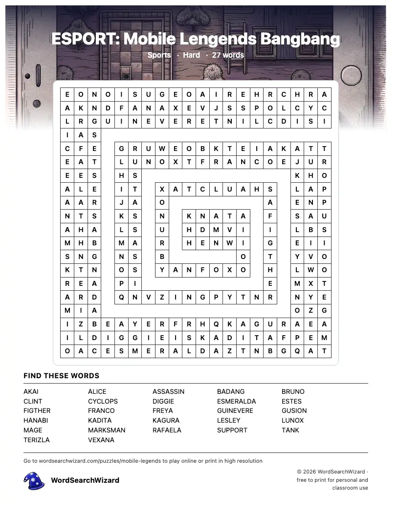 ESPORT: Mobile Lengends Bangbang word search printable sheet, 27 words to find