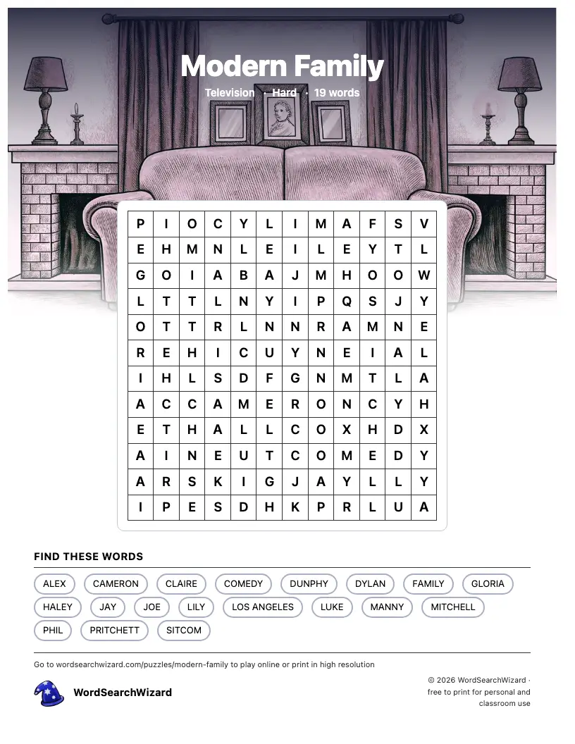 Modern Family word search printable sheet, 19 words to find