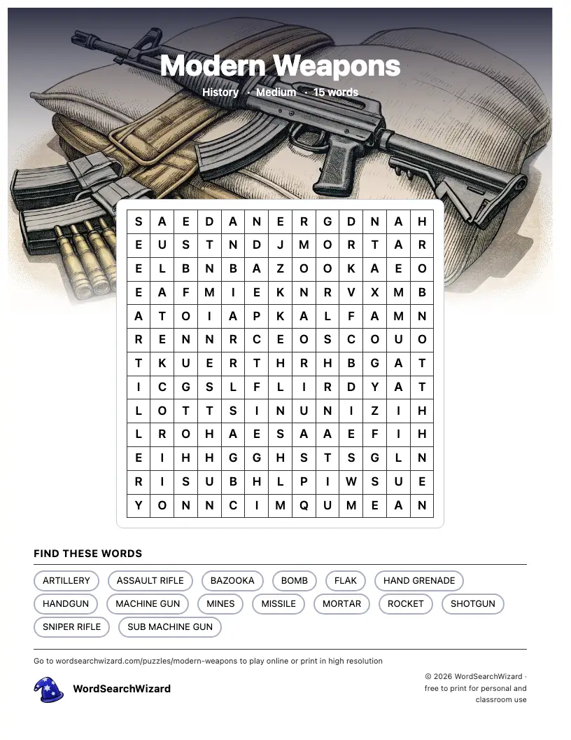 Modern Weapons word search printable sheet, 15 words to find