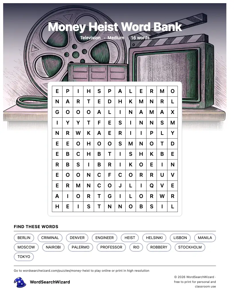Money Heist Word Bank word search printable sheet, 16 words to find