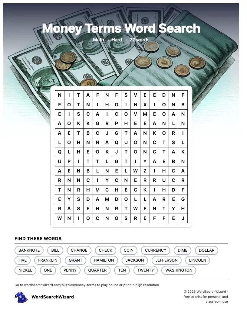 Money Terms word search printable sheet, 22 words to find
