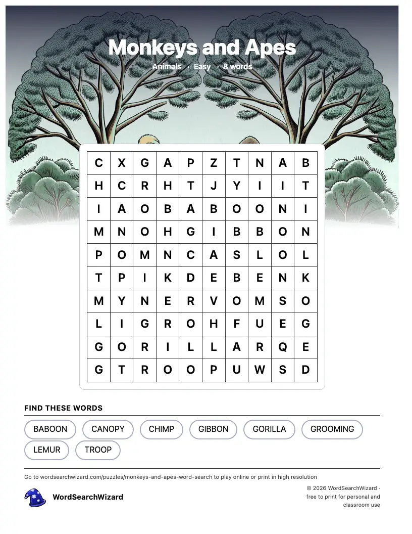 Monkeys and Apes word search printable sheet, 8 words to find