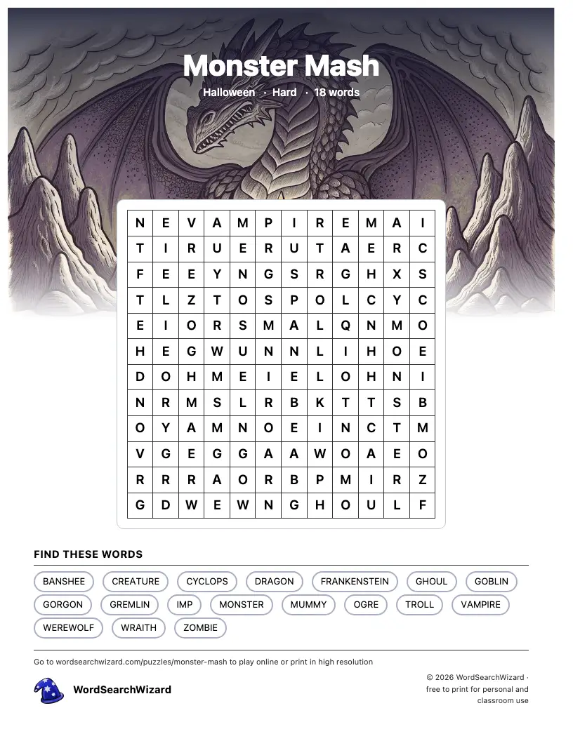 Monster Mash word search printable sheet, 18 words to find