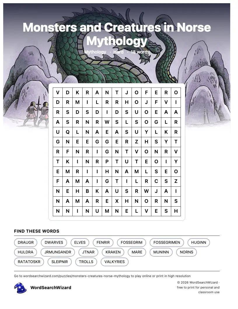 Monsters and Creatures in Norse Mythology word search printable sheet, 18 words to find