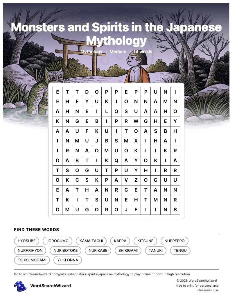 Monsters and Spirits in the Japanese Mythology word search printable sheet, 14 words to find