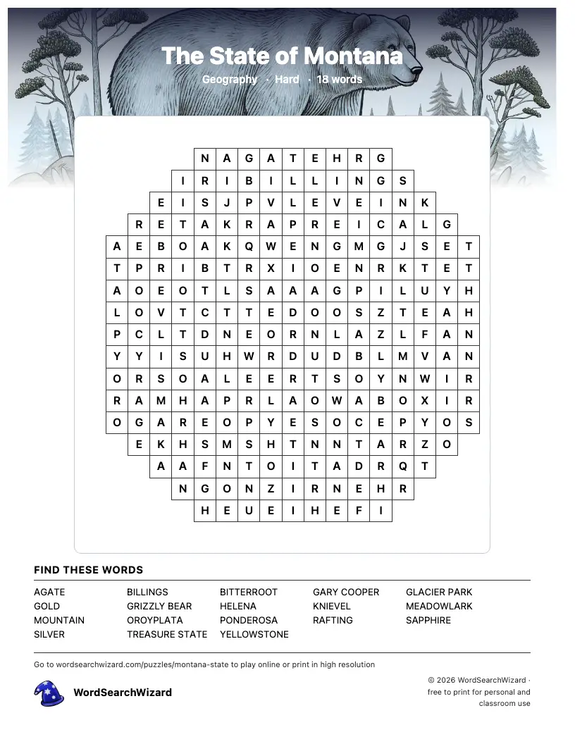 The State of Montana word search printable sheet, 18 words to find