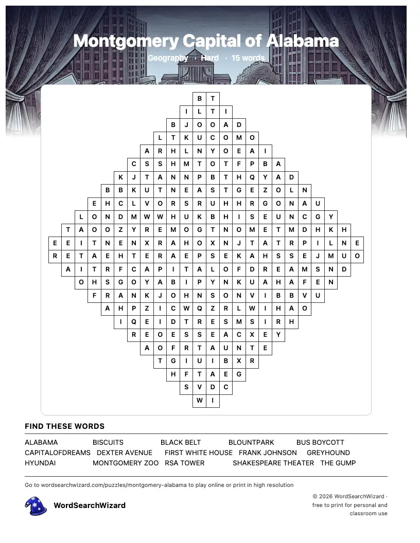 Montgomery Capital of Alabama word search printable sheet, 15 words to find