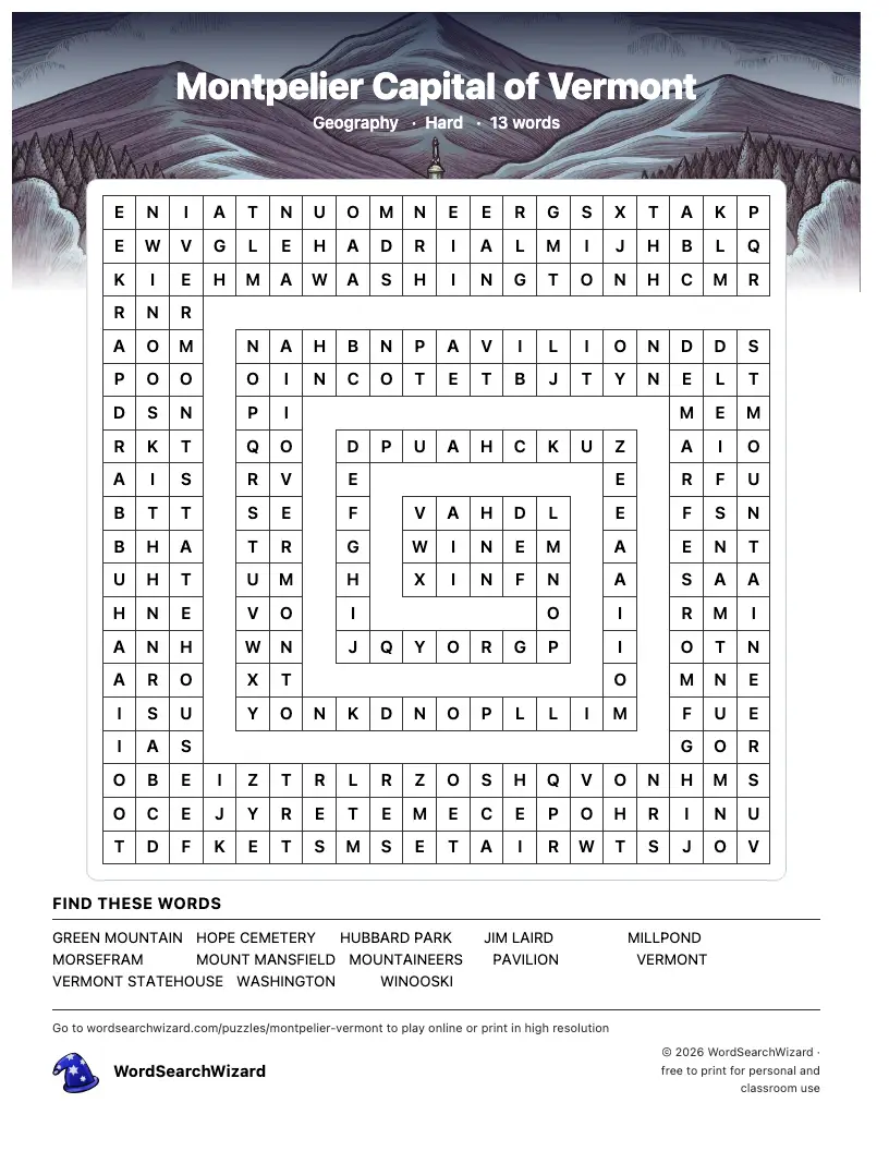 Montpelier Capital of Vermont word search printable sheet, 13 words to find