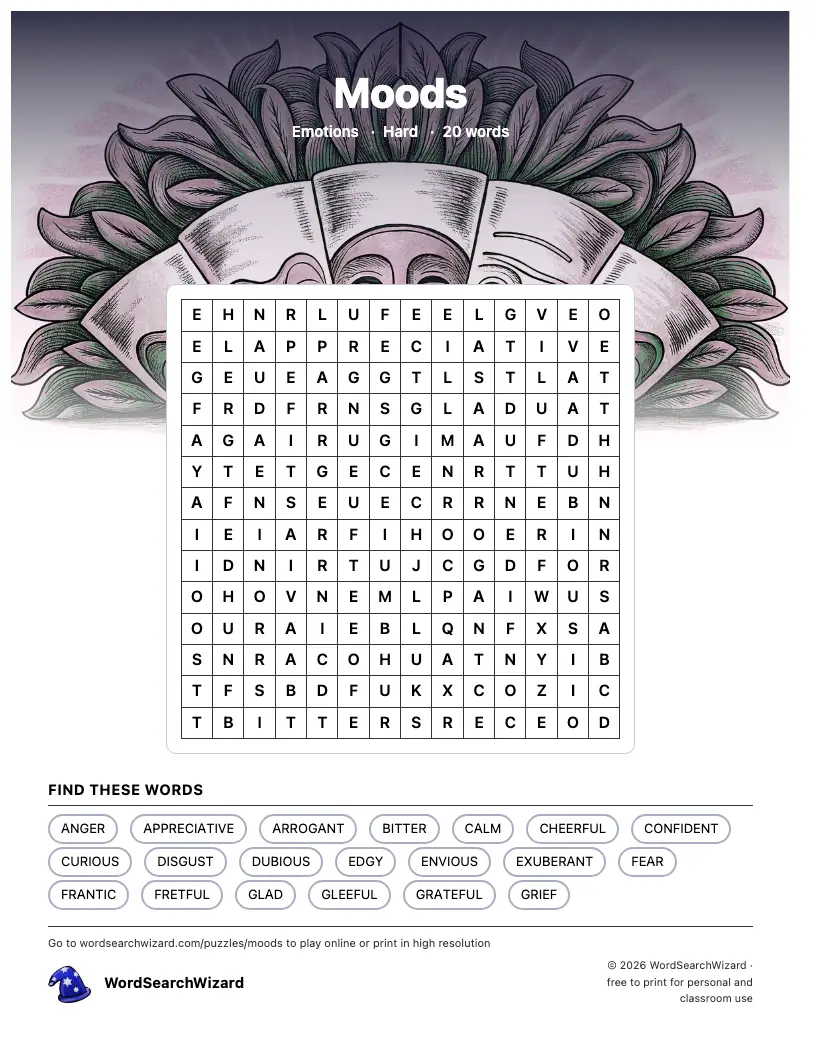 Moods word search printable sheet, 20 words to find
