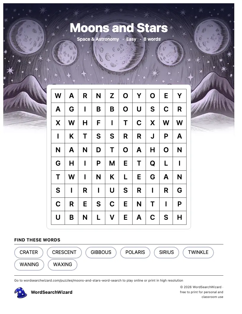 Moons and Stars word search printable sheet, 8 words to find